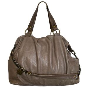HOBO Taupe Leather Shoulder Bag with Chain-Accent Strap